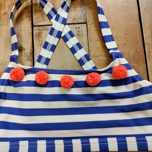 Mini Boden bikini top size 7 to 8 blue striped poms swim suit top summer - Picture 4 of 4